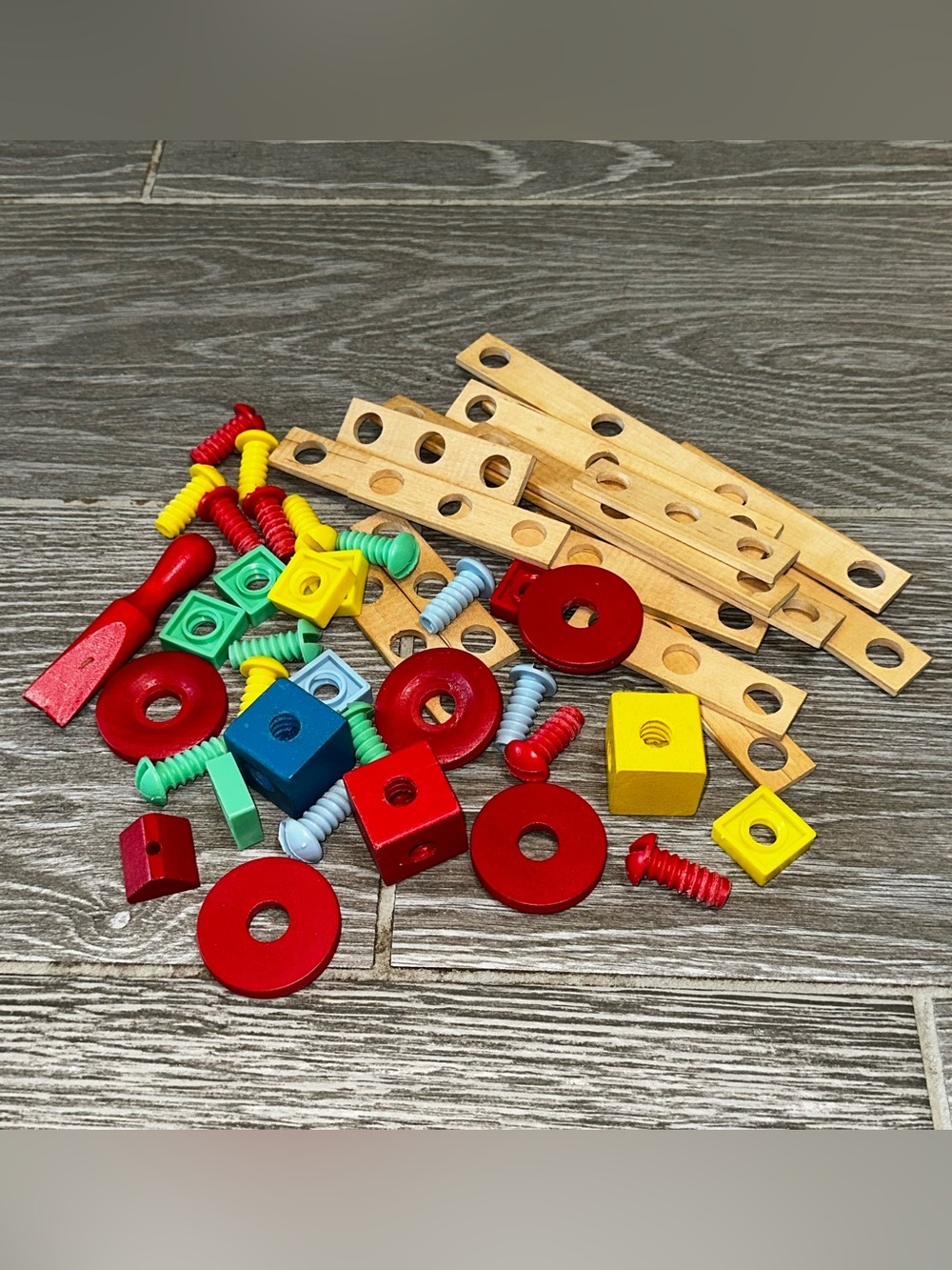 Vintage Playskool Lincoln Log Wood Toy Builder Set Tools Plastic Nuts Bolts Lot